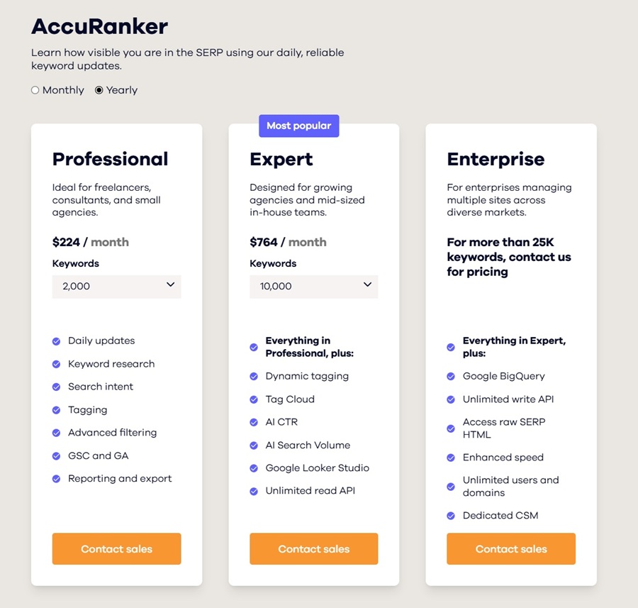 Bảng giá dịch vụ kiểm tra thứ hạng từ khóa AccuRanker với các gói Professional, Expert và Enterprise