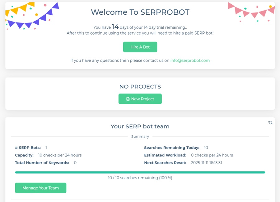 Giao diện Tài khoản dùng thử của Serprobot