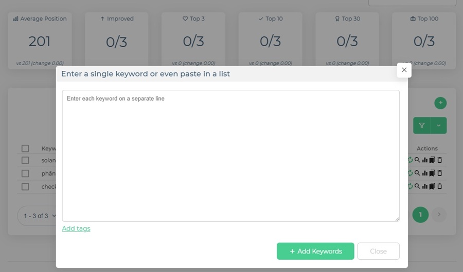Giao diện Thêm từ khóa vào serprobot