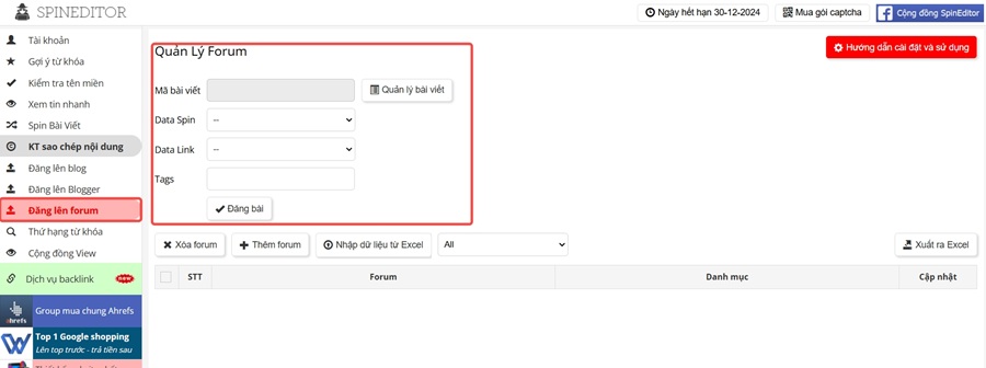 Giao diện tính năng đăng bài viết lên forum