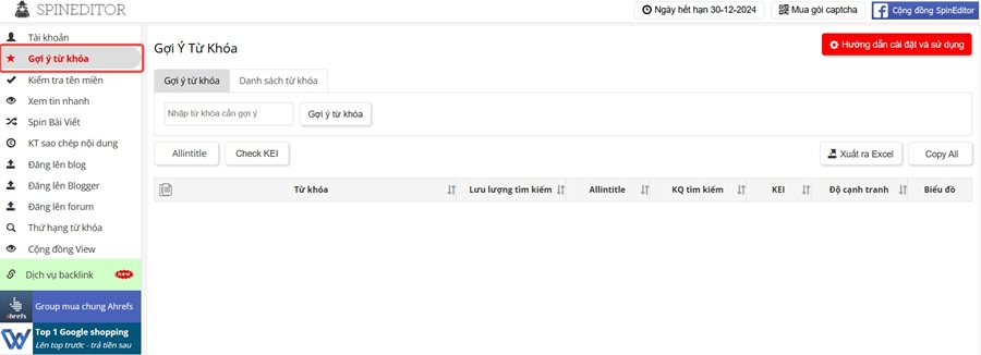 Giao diện tính năng gợi ý từ khóa của spin editor