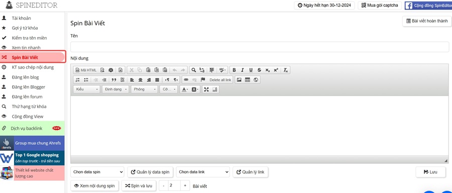 Giao diện tính năng spin bài viết